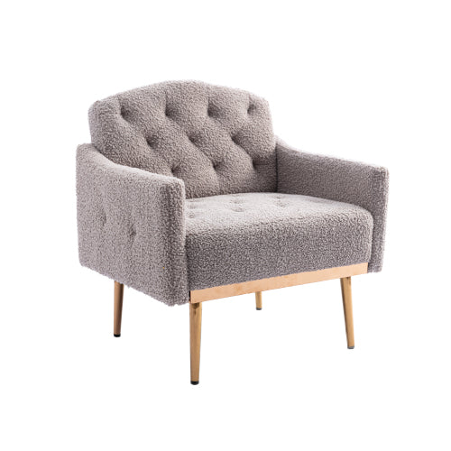 ECCELLENSEDIE Faux Leather Accent Chair with Arms for Living Room, Modern Tufted Single Sofa Armchair Gold Metal Legs Upholstered Reading Bedroom Office Decorative (Grey)