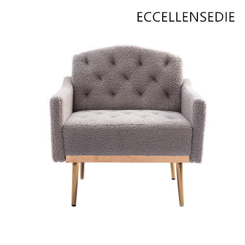 ECCELLENSEDIE Faux Leather Accent Chair with Arms for Living Room, Modern Tufted Single Sofa Armchair Gold Metal Legs Upholstered Reading Bedroom Office Decorative (Grey)