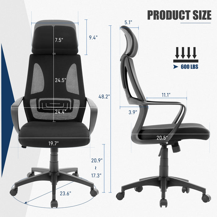 ECCELLENSEDIE Moderner ergonomischer Bürostuhl, 360° drehbarer Computerstuhl mit atmungsaktiver Mesh-Unterstützung in der Taille und gepolsterter Kopfstütze