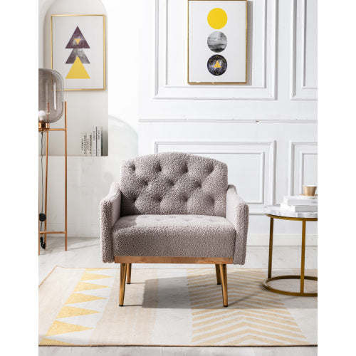 ECCELLENSEDIE Faux Leather Accent Chair with Arms for Living Room, Modern Tufted Single Sofa Armchair Gold Metal Legs Upholstered Reading Bedroom Office Decorative (Grey)