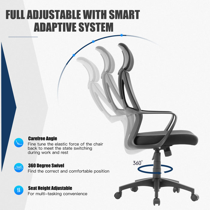 ECCELLENSEDIE Moderner ergonomischer Bürostuhl, 360° drehbarer Computerstuhl mit atmungsaktiver Mesh-Unterstützung in der Taille und gepolsterter Kopfstütze