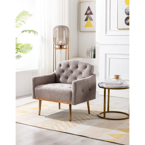 ECCELLENSEDIE Faux Leather Accent Chair with Arms for Living Room, Modern Tufted Single Sofa Armchair Gold Metal Legs Upholstered Reading Bedroom Office Decorative (Grey)